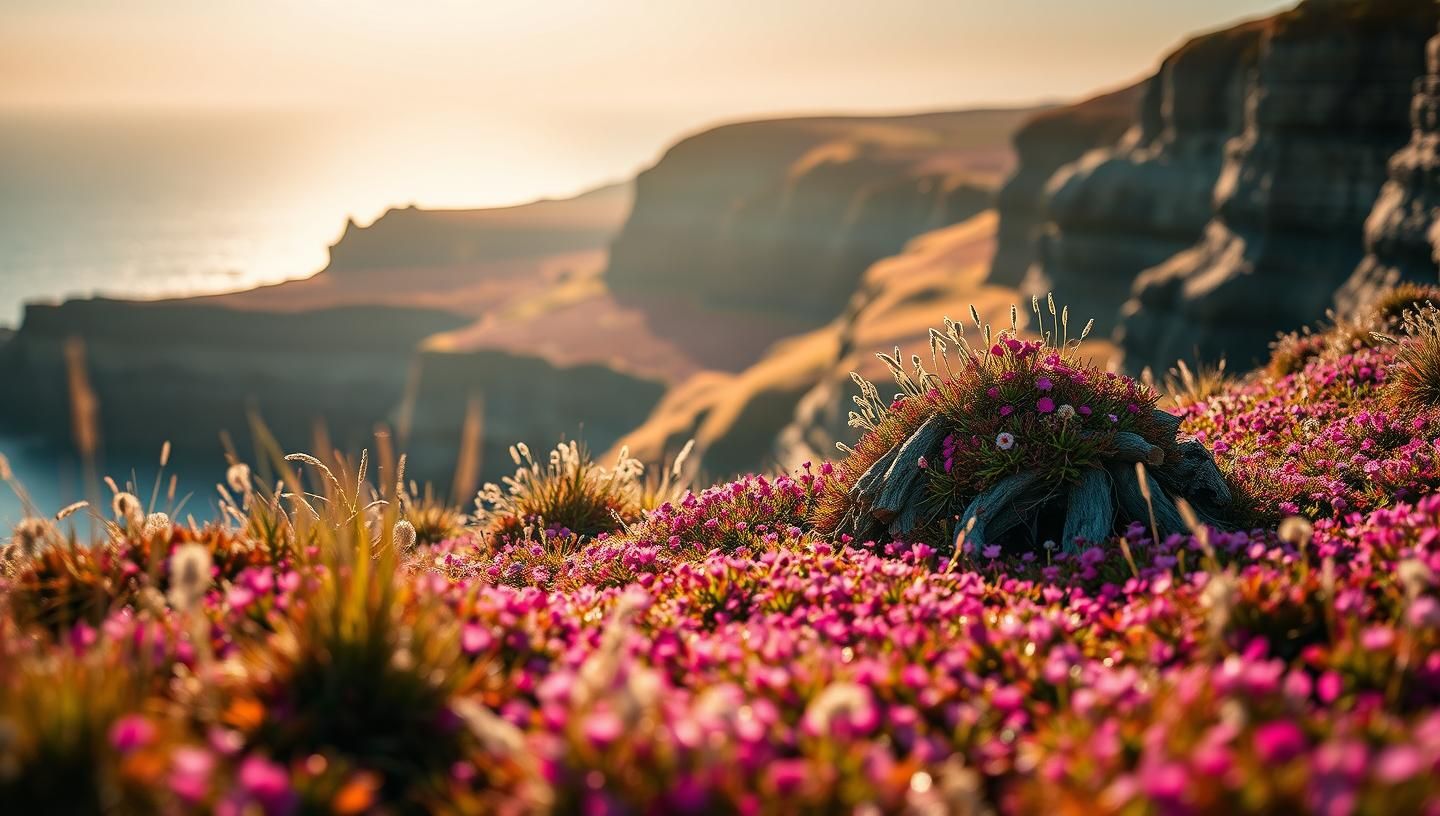 Coastal Cliff Bloom Tapestry: Golden Hour at Alnwick Garden, HD Serenity
 | Unfold Lens