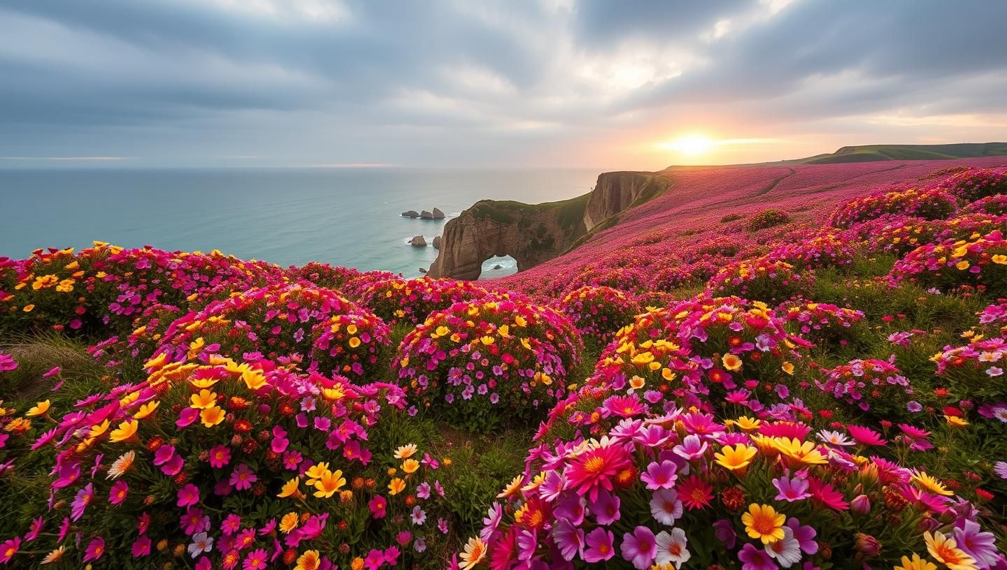 Coastal Cliffside Sea Thrift Superbloom Panorama, Golden Sunrise, 8K Beauty
 | Unfold Lens
