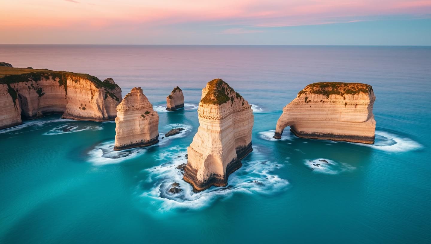 Coastal Glow: Sandstone Monoliths in Turquoise Waters - 8K Seascape
 | Unfold Lens