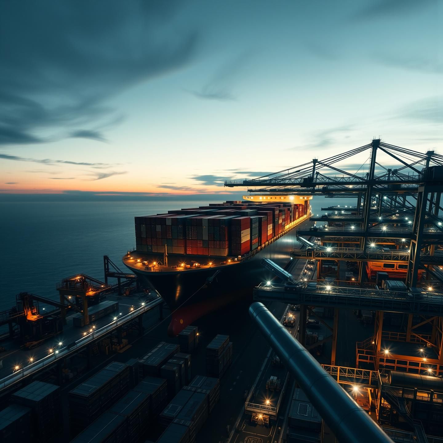 Container Ship Twilight Departure: Gleaming Steel Giant Ready to Sail 8K
 | Unfold Lens