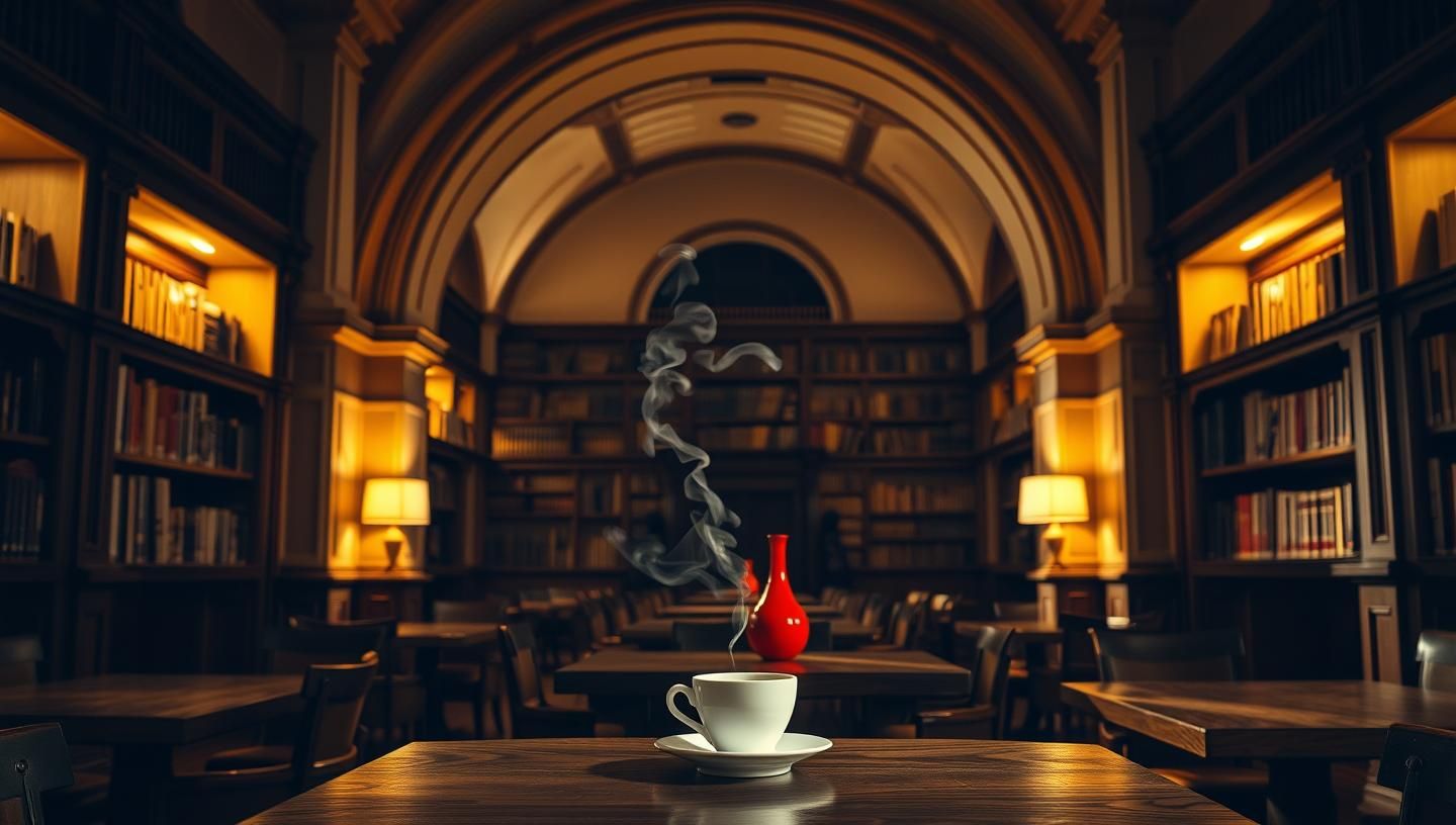 Cozy Library Coffee Shop: Morning Warmth & Crimson Vase, 8k Photo
 | Unfold Lens
