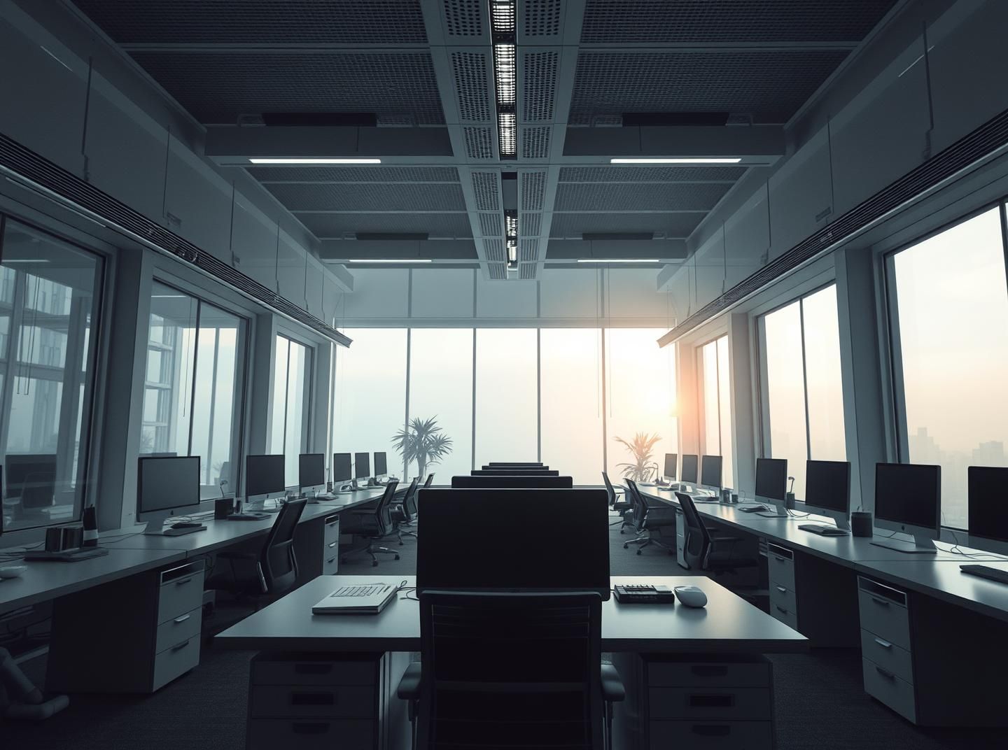 Cozy Modern Office at Night: Inspiring Work Environment, Hygge Aesthetic, 8K
 | Unfold Lens
