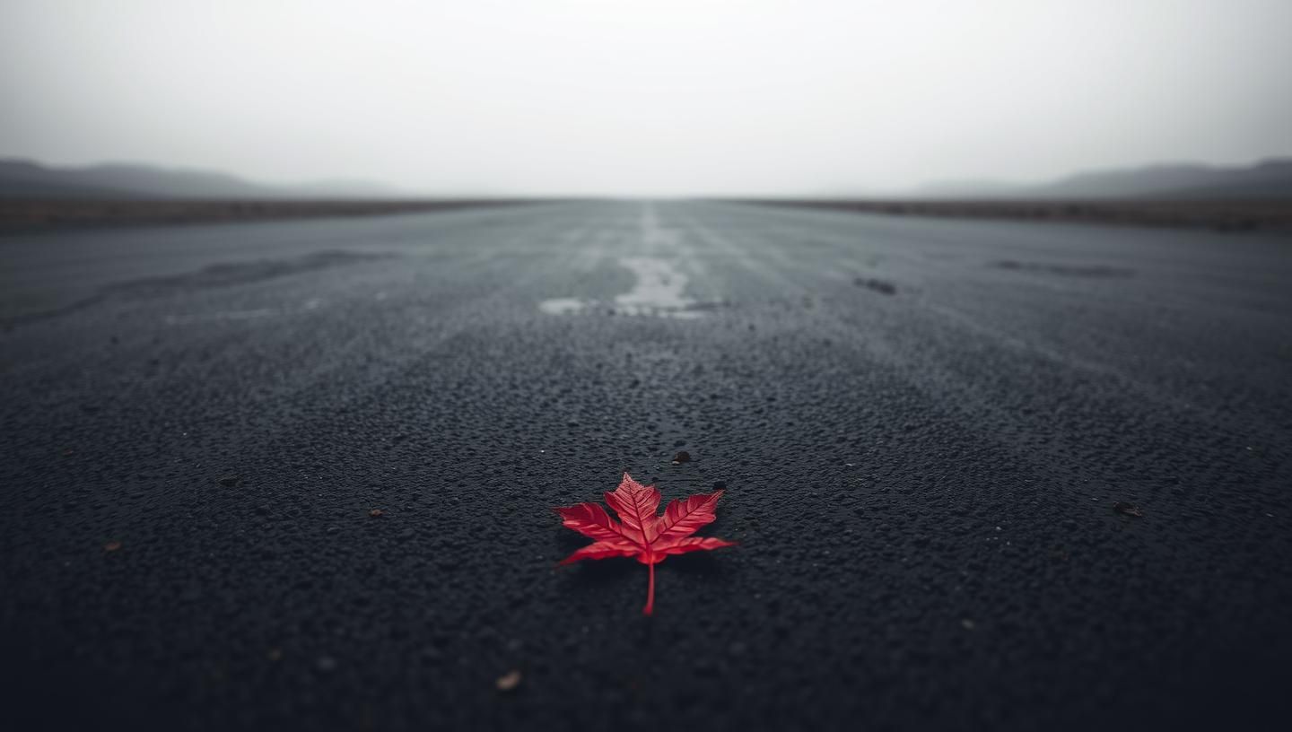 Crimson Autumn Leaf on Wet Pavement: Ethereal Desert Horizon. 8K Minimalist Photo | Unfold Lens