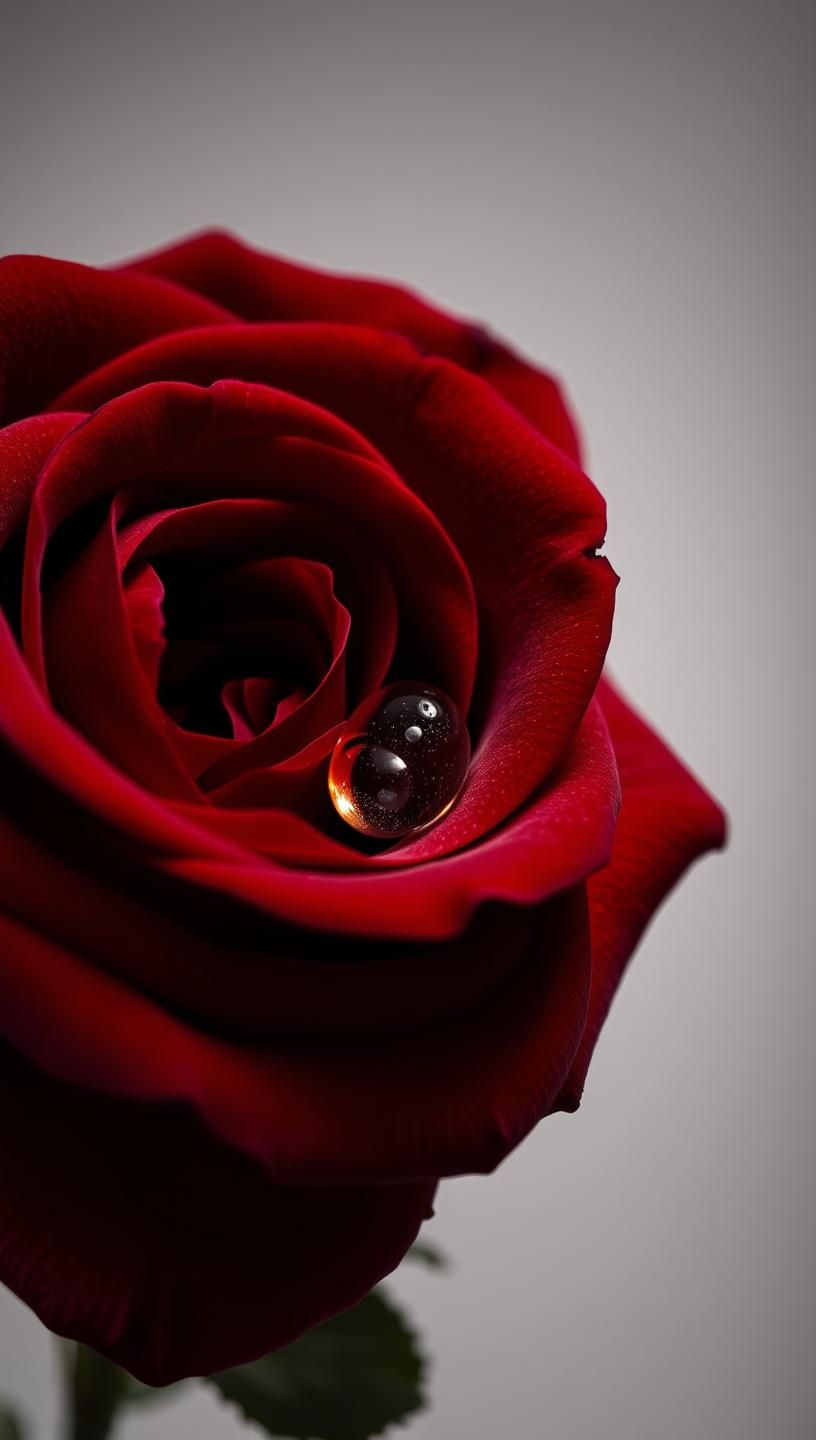 Crimson Rose Dewdrop: Velvet Petals, Candlelight Drama, High-Res Beauty
 | Unfold Lens
