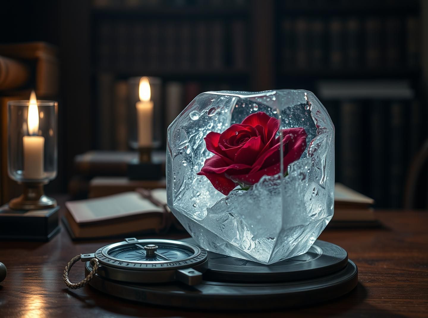 Crimson Rose Frozen in Ice Still Life - Fleeting Beauty & Enduring Knowledge
 | Unfold Lens