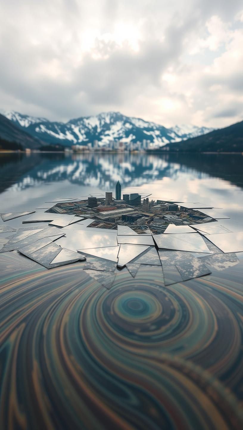 Cubist City Reflection: Alpine Lake Mirroring Urban Dreams, Oil Slick Rainbow
 | Unfold Lens