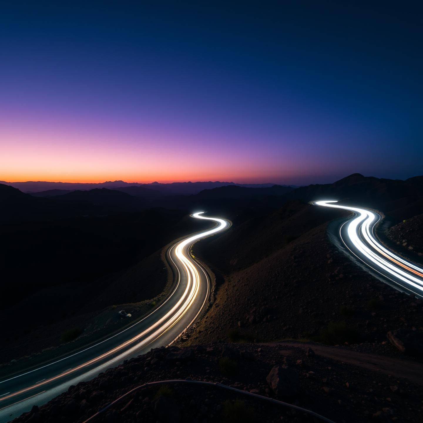 Cyberpunk Mountain Road at Twilight: 8K, Long Exposure Masterpiece 
 | Unfold Lens