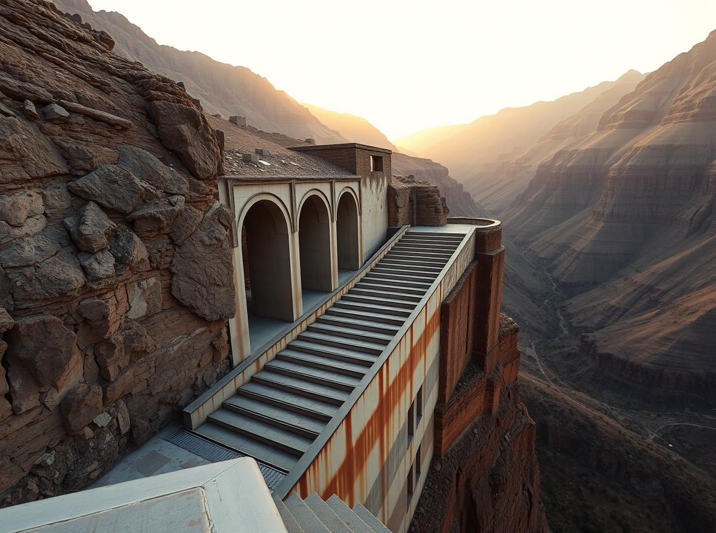 Cyberpunk Stairway to Nowhere: Golden Hour Mountain Vista - 8K Masterpiece
 | Unfold Lens