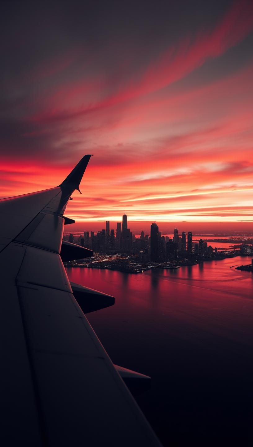 Cyberpunk Sunset: Airplane Wing Framing Dystopian Cityscape, High-Contrast 
 | Unfold Lens