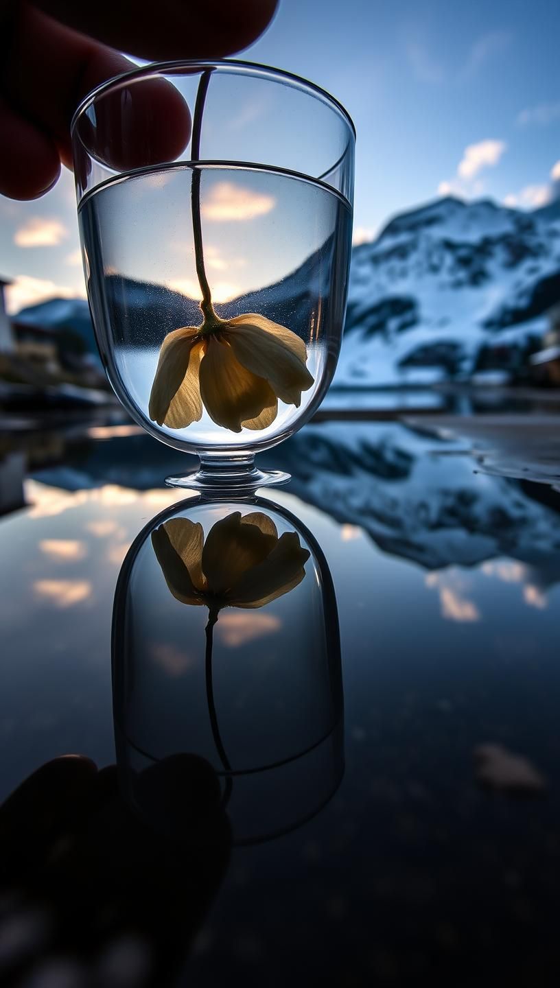 Dawn Lake Reflection: Serene Alpine Lake & Bent Flower - 8K Masterpiece
 | Unfold Lens
