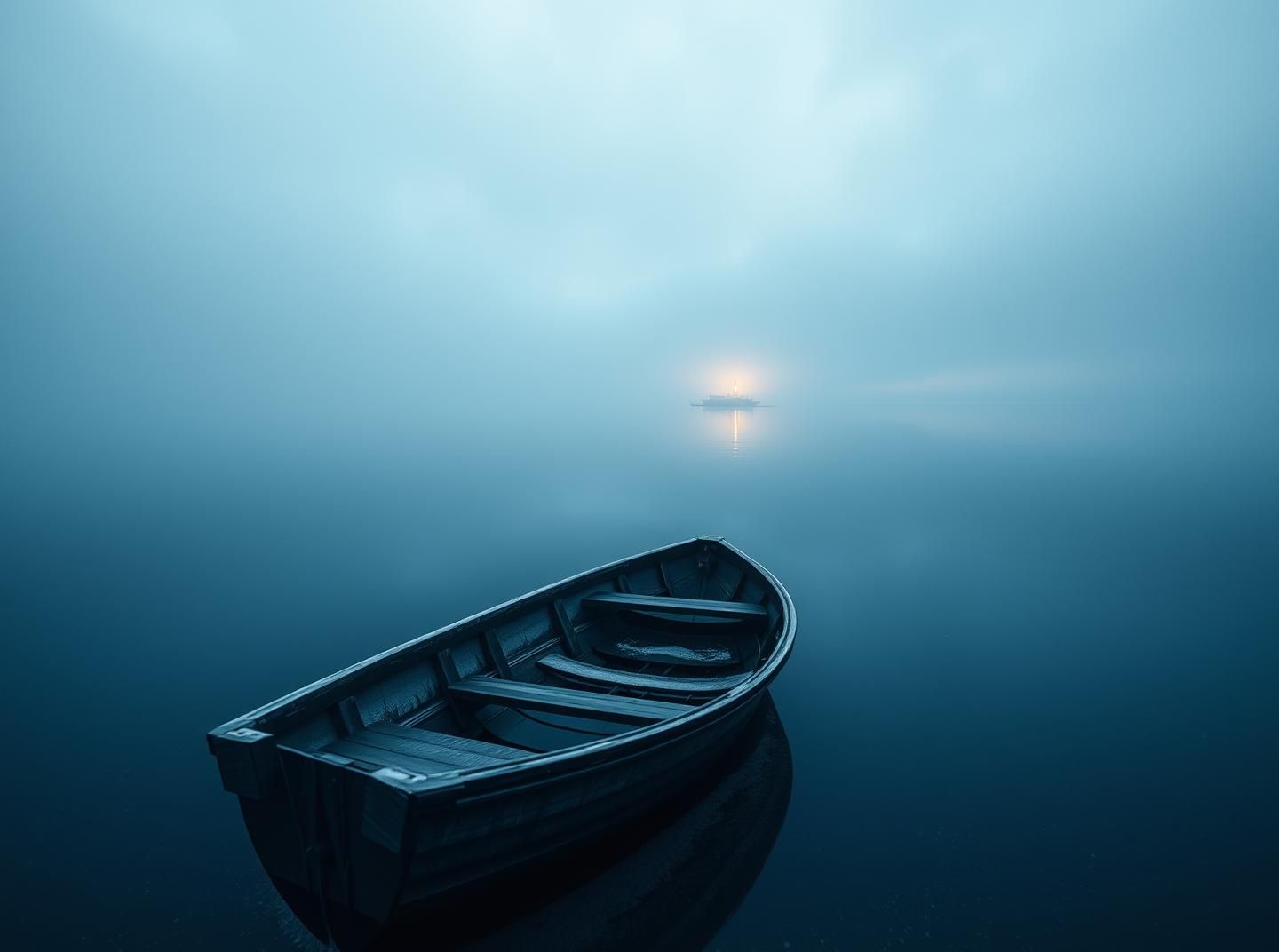 Dawn Rowboat: Serene Foggy Lake, Snow Scene, Isolation, Hopeful, 8K Masterpiece
 | Unfold Lens