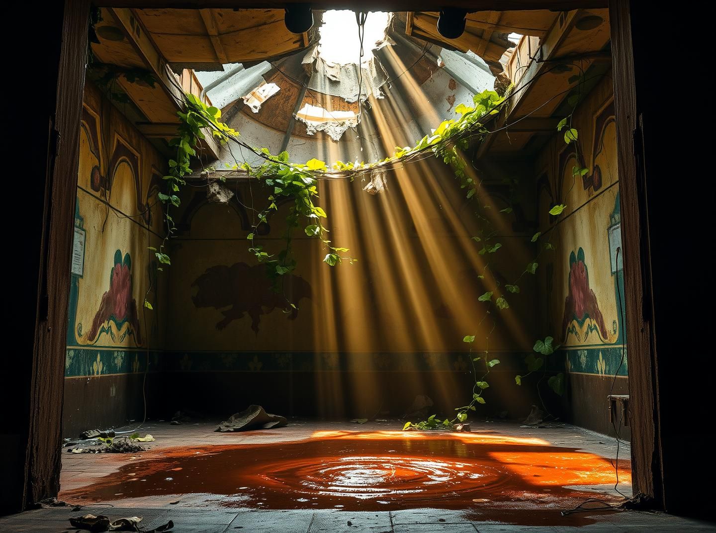 Decaying Amusement Park Water Drop: Romantic Ruin Art Photo, Golden Light, 8K
 | Unfold Lens