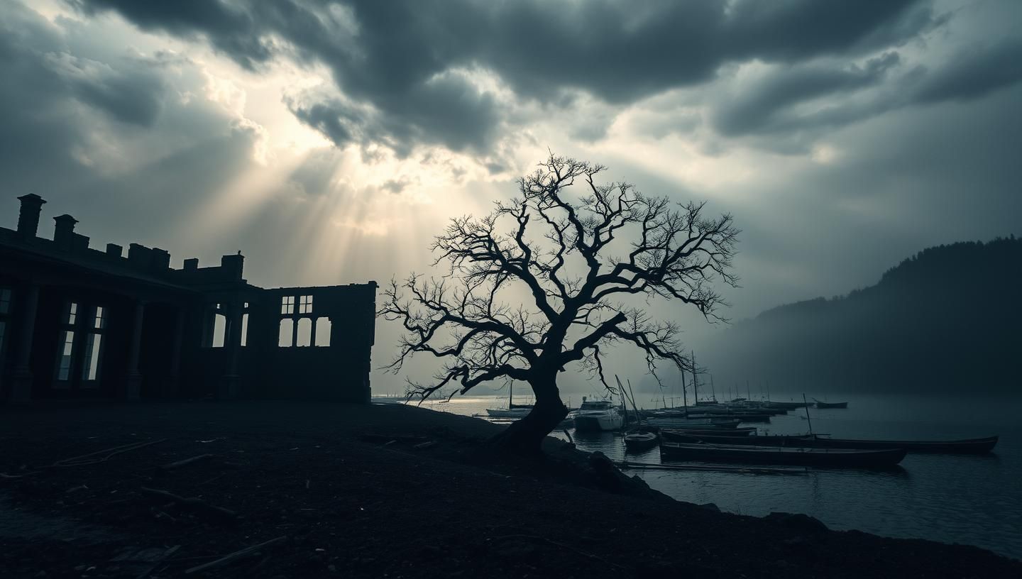 Decaying Mansion Harbor View: Ethereal, Dreamlike 8K Art - Melancholy Memory
 | Unfold Lens