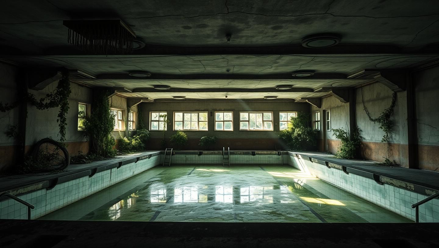 Decaying Pool Beauty: Post-Soviet Nostalgia in Cinematic Sepia 4K Masterpiece | Unfold Lens