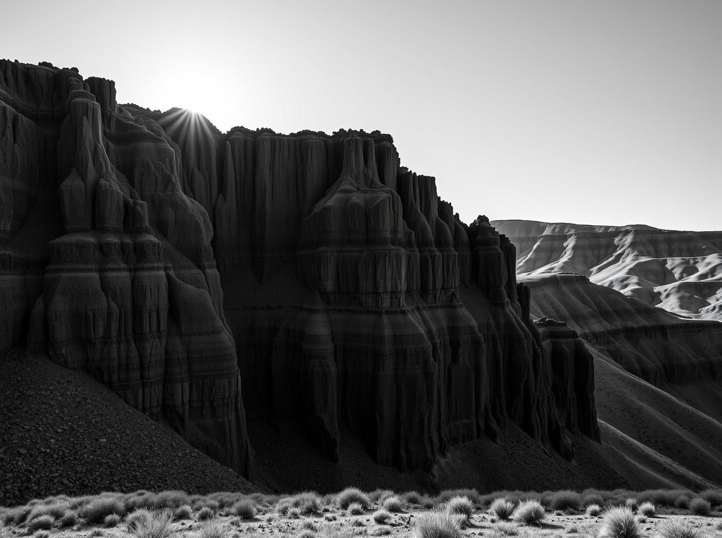 Dramatic Basalt Cliffs & Tuscany Hills: High Contrast Black & White Landscape
 | Unfold Lens