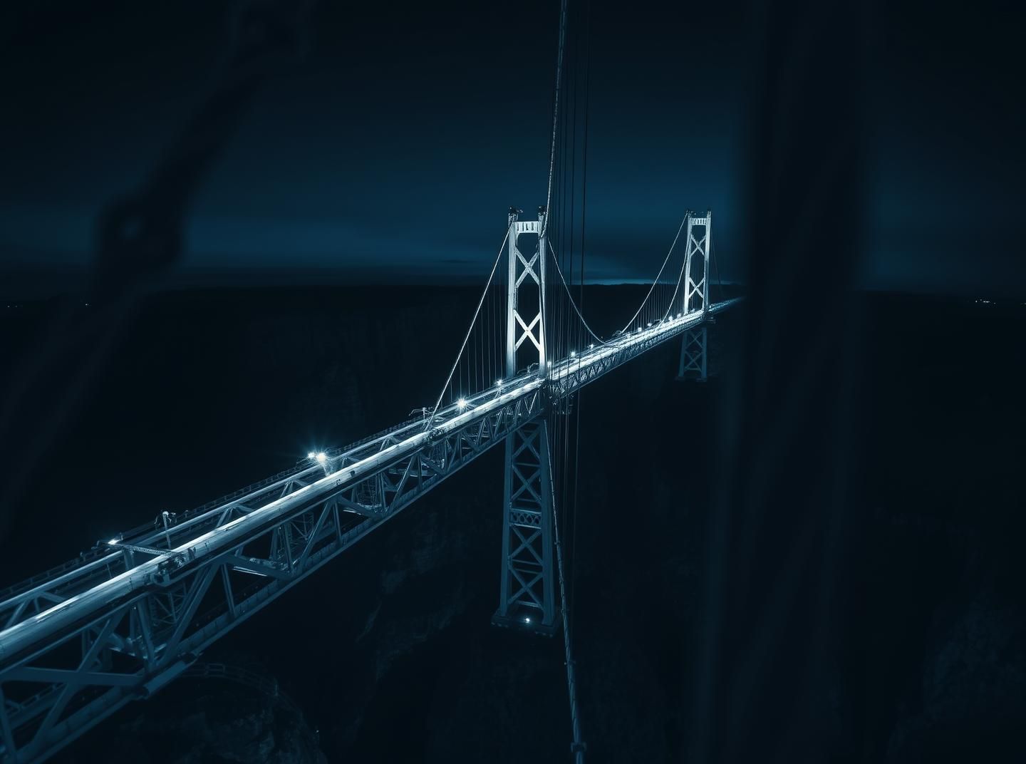 Dramatic Bridge Cables at Blue Hour: A Colossal Industrial Masterpiece
 | Unfold Lens