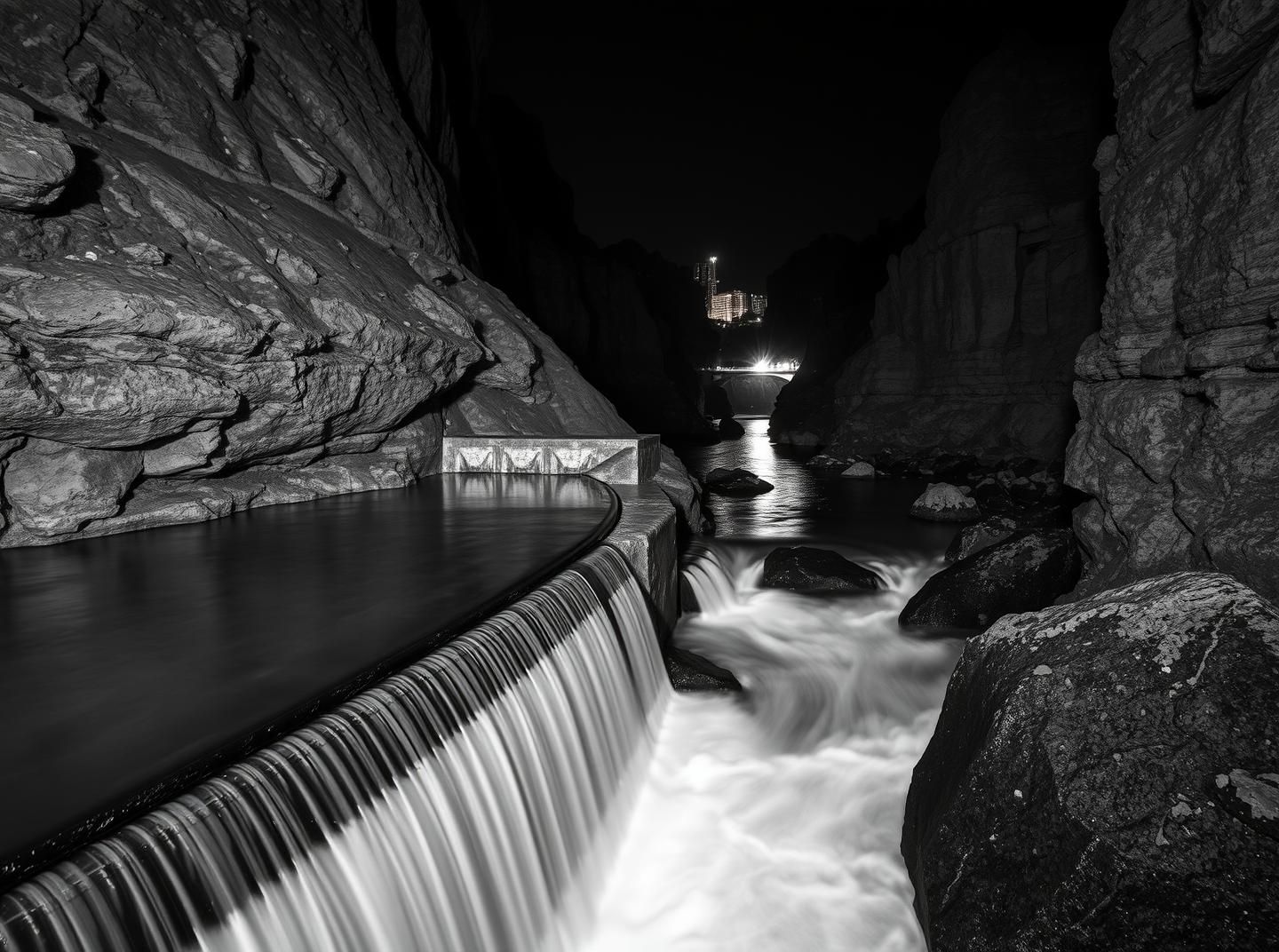 Dramatic Canyon Waterfall B&W, High Contrast. 8k Masterpiece. Adventure Ready
 | Unfold Lens