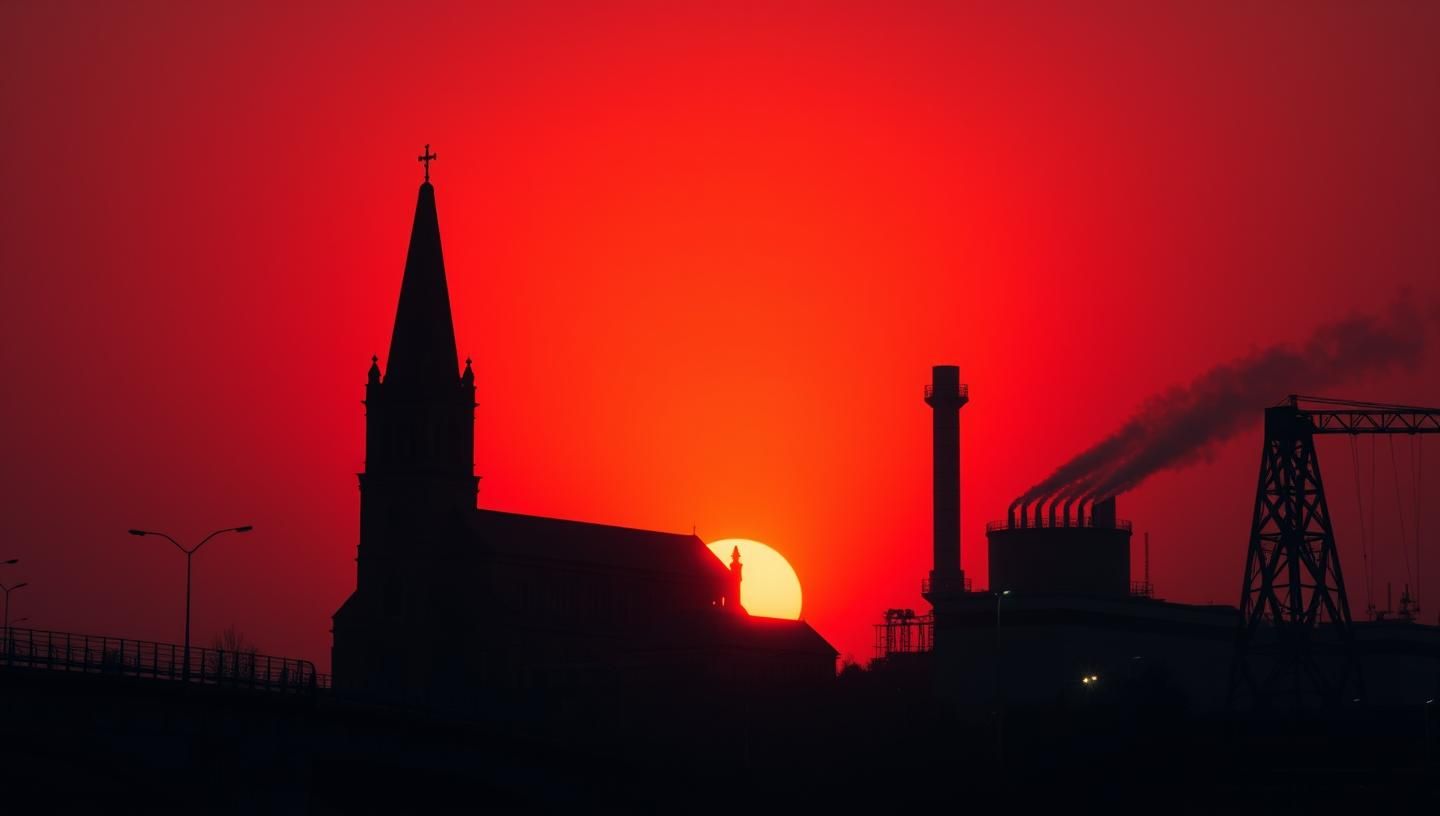 Dramatic Cathedral Sunset Silhouette: Industrial Cityscape at Twilight in 8K
 | Unfold Lens