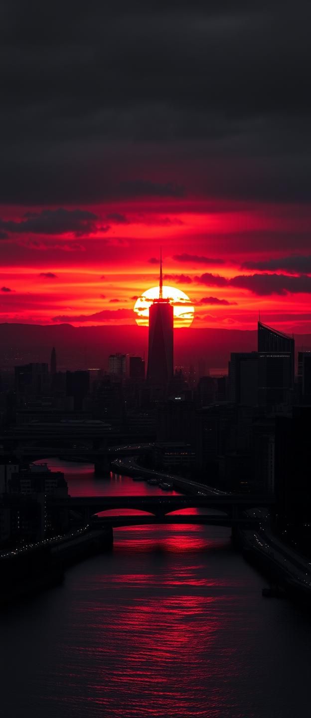 Dramatic City Skyline Sunrise Silhouette: Dreamy Twilight Panorama in 8K | Unfold Lens