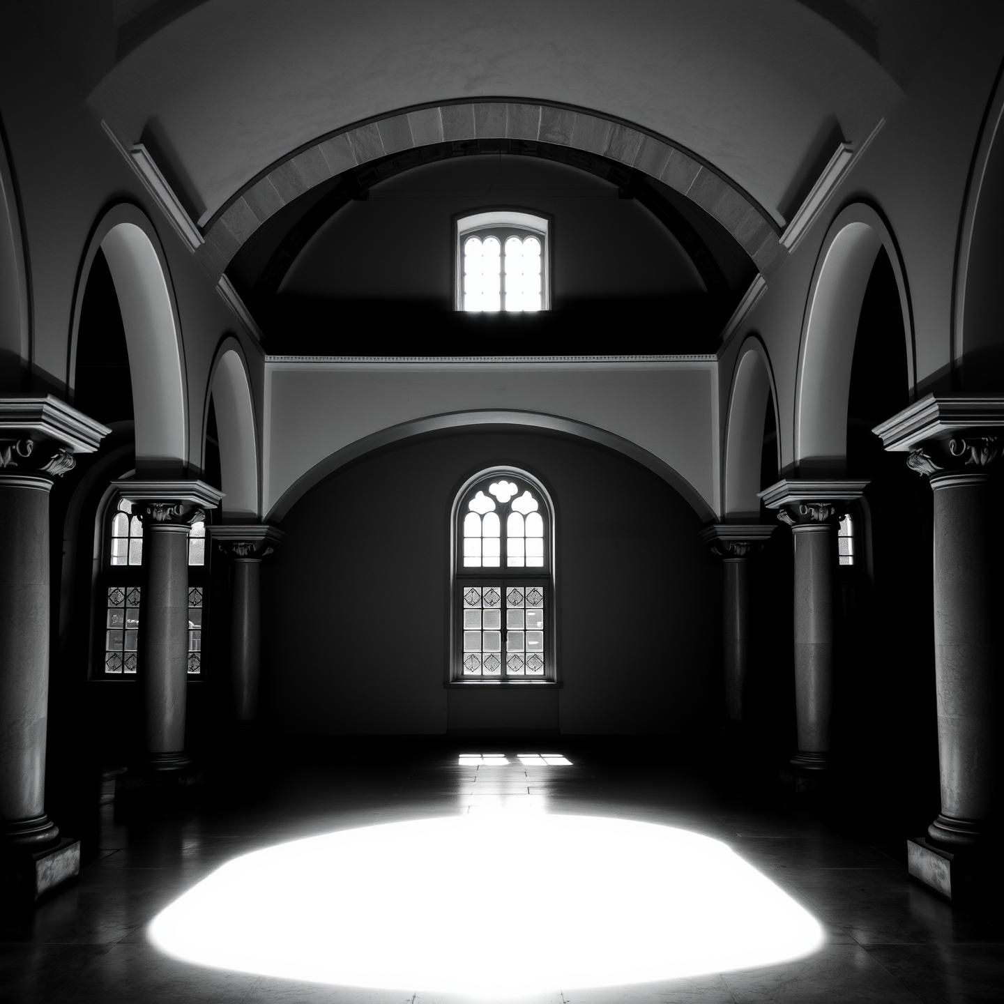 Dramatic Cloister: High Contrast Black & White Photo in Sunlight - 8K Resolution
 | Unfold Lens