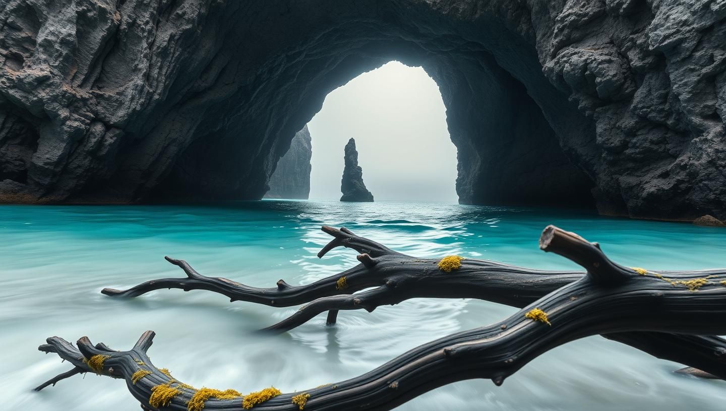 Dramatic Coastal Arch Serenity: Windswept Cliffs, Still Waters, & Volcanic Sentinel
 | Unfold Lens