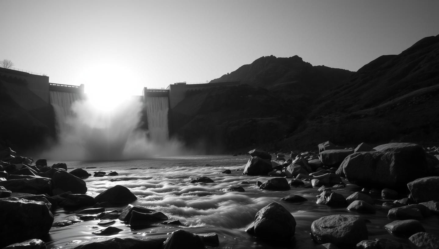 Dramatic Dam Spillway Sunset: Silky Mist & Mountain Stream - 8K Photo
 | Unfold Lens
