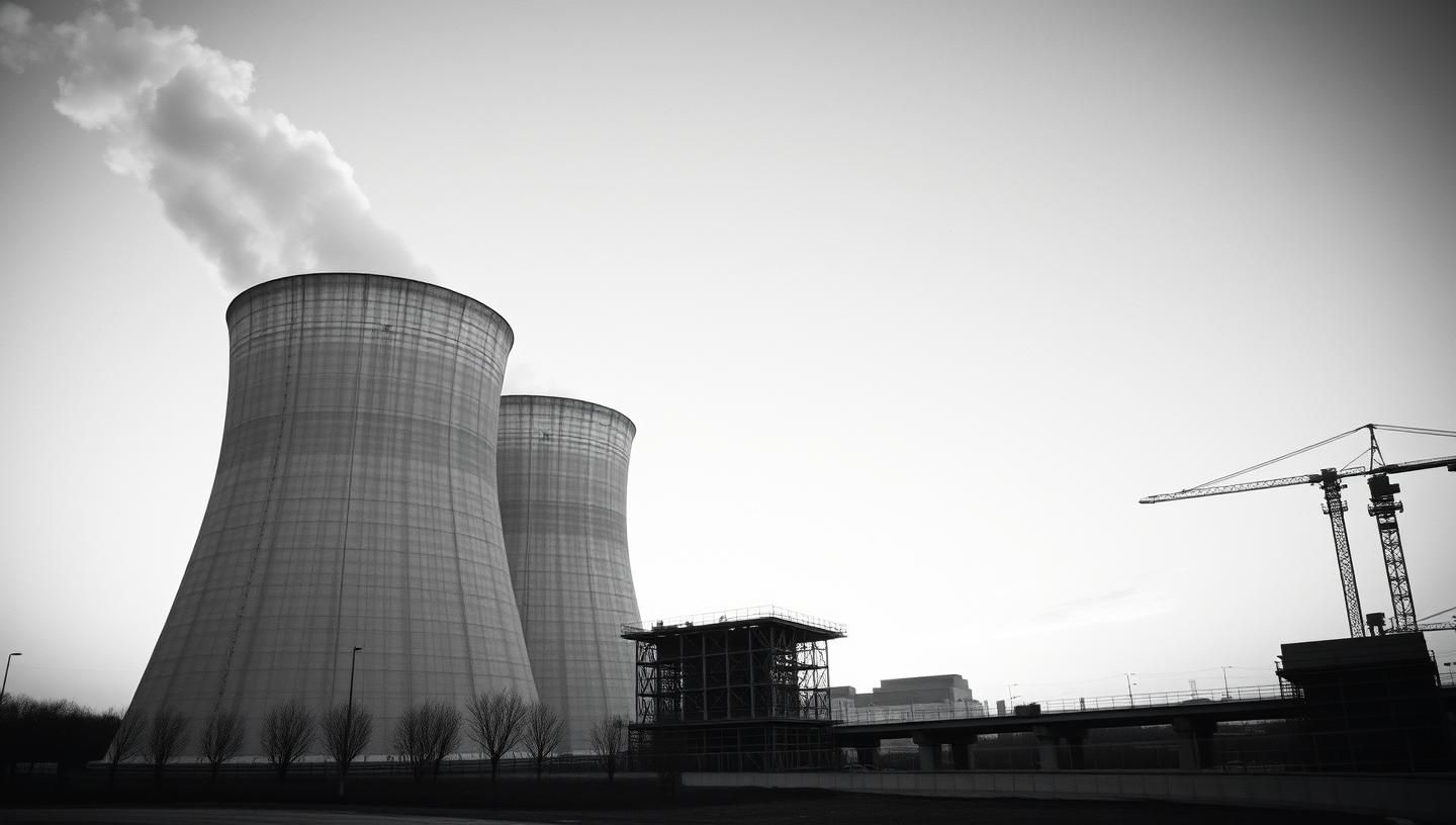 Dramatic Nuclear Cooling Towers Dawn: Industrial Construction Site B&W Photography
 | Unfold Lens