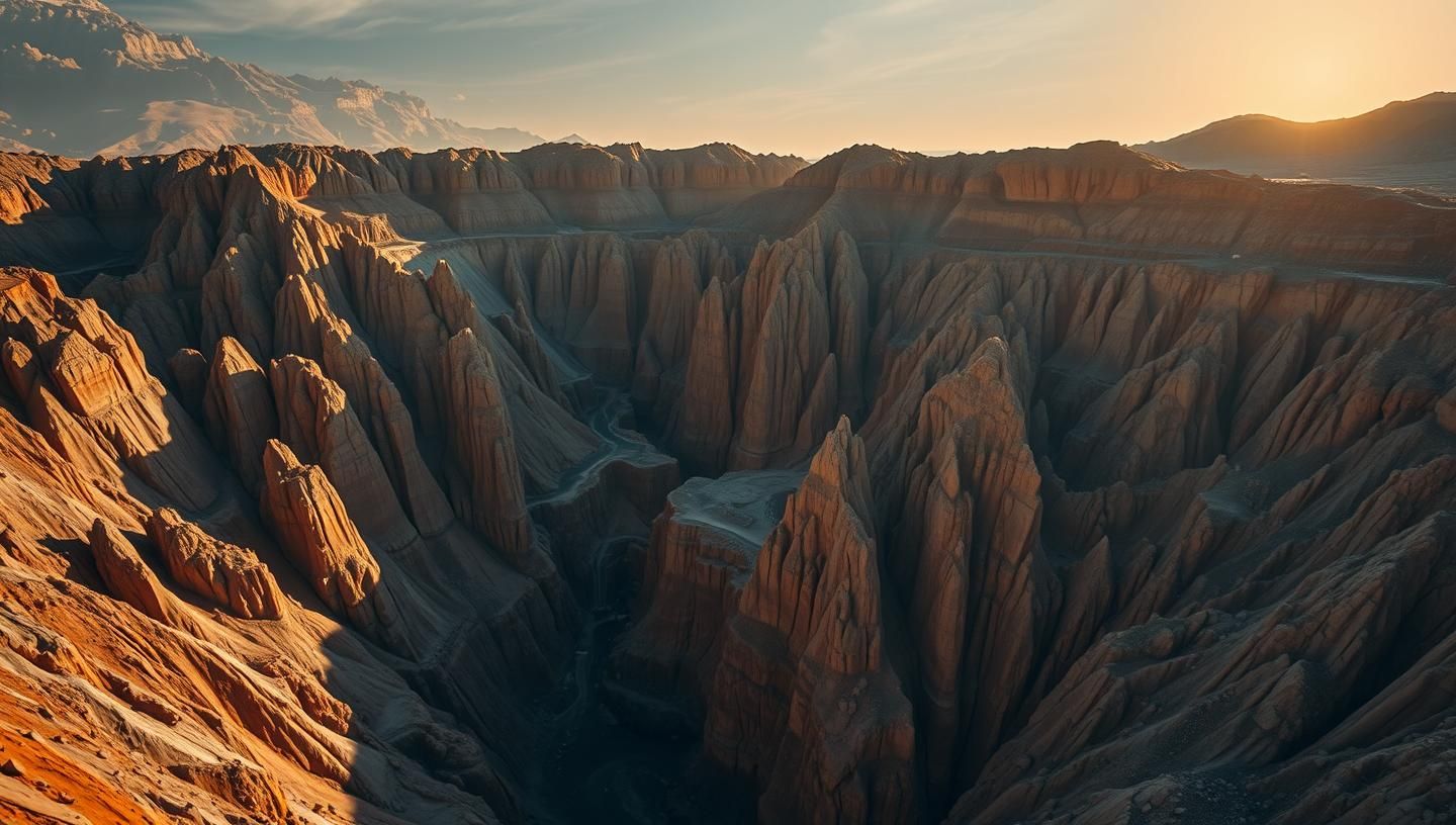 Dramatic Open-Pit Mine: Jagged Rock Pinnacles in Earth Tones, 8K Aerial View
 | Unfold Lens