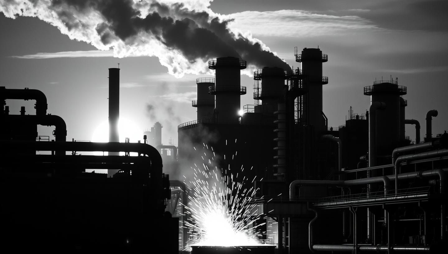 Dramatic Power Station Sunset: Molten Steel Sparks in High-Contrast Black & White
 | Unfold Lens