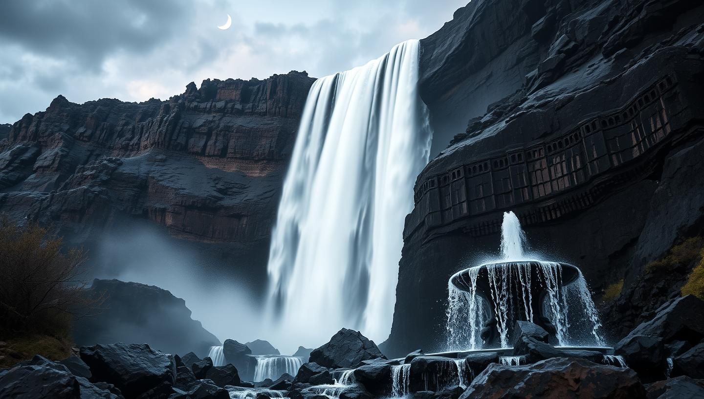 Dramatic Waterfall Scenery: Nature's Power & Serenity in Volcanic Twilight
 | Unfold Lens