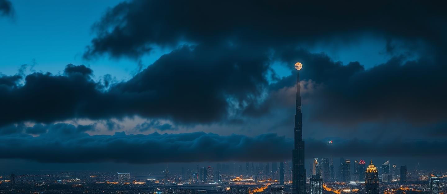 Dubai Blue Hour Skyline: Burj Khalifa, God Rays, Stormy Clouds, 8K Fine Art
 | Unfold Lens
