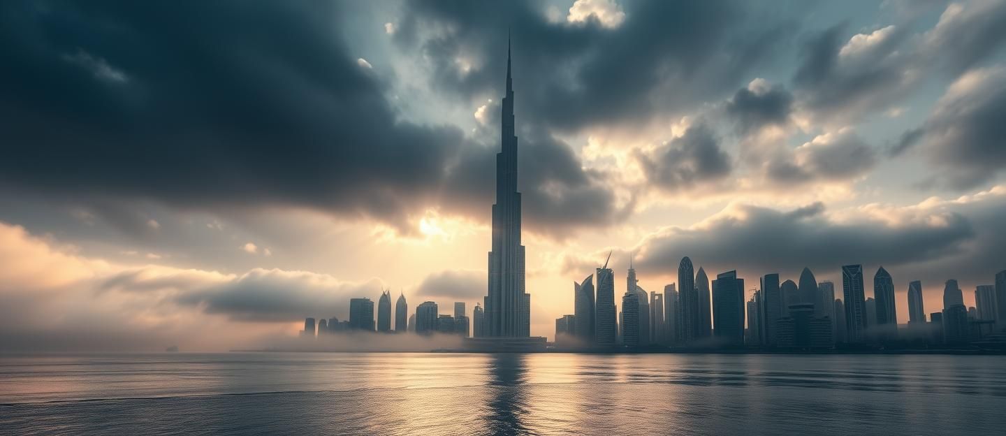 Dubai Skyline at Sunrise: Ethereal Reflections, Modern Wonder & God Rays | Unfold Lens