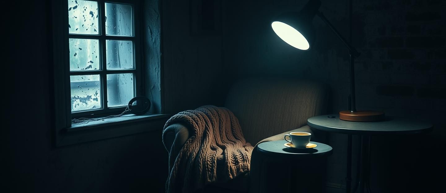 Dusty Basement Armchair Photo: Warm Blanket, Empty Cup, Melancholic Mystery | Unfold Lens