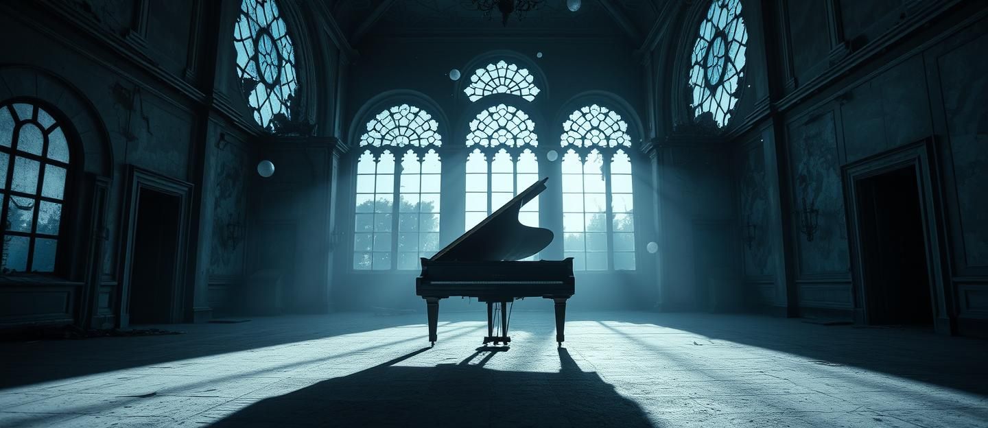 Dusty Grand Piano in Decaying Ballroom: Silent, Forgotten Elegance in Twilight 
 | Unfold Lens