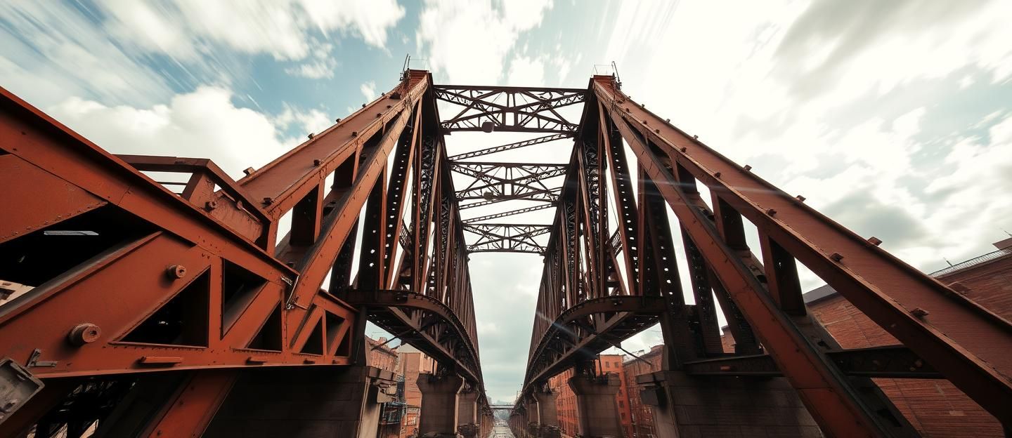 Dynamic Railway Bridge at Dusk: Steel, Light, and Terracotta in 8K
 | Unfold Lens