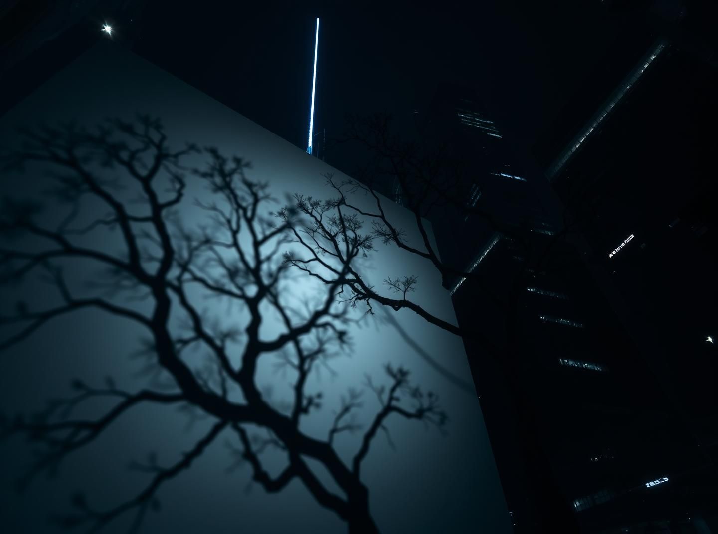 Dystopian Shadows: Geometric Skyscrapers, Light Flags, Moody Blues, 8k
 | Unfold Lens