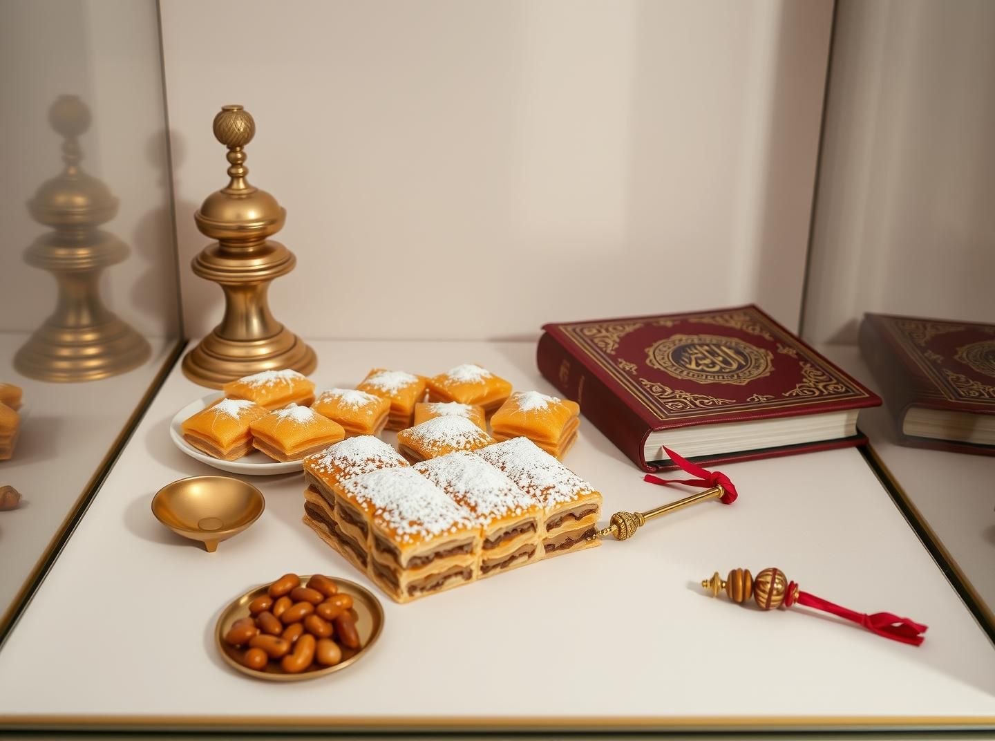 Eid Sweets Baklava Ma'amoul Artful Display Minimalist Nostalgic Quran Tasbih | Unfold Lens