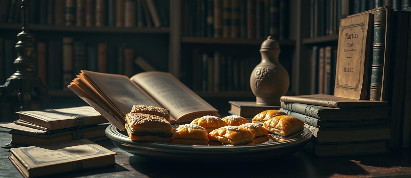 Eid Sweets Still Life: Baklava, Ma'amoul, Books - Nostalgic Sepia, 8k Masterpiece
 | Unfold Lens