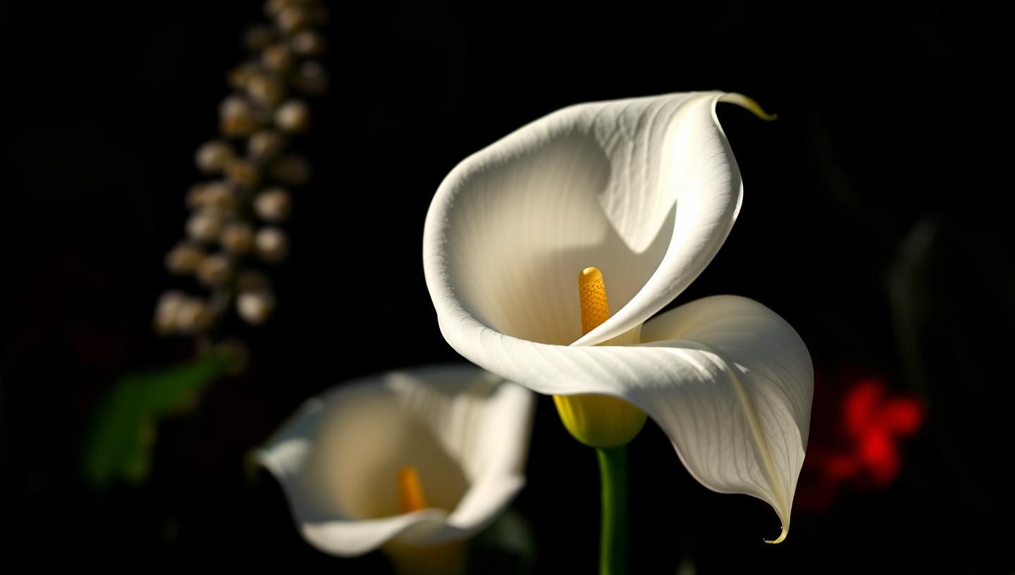 Elegant White Calla Lily Bloom: Graceful Flower Portrait in Dramatic Lighting
 | Unfold Lens