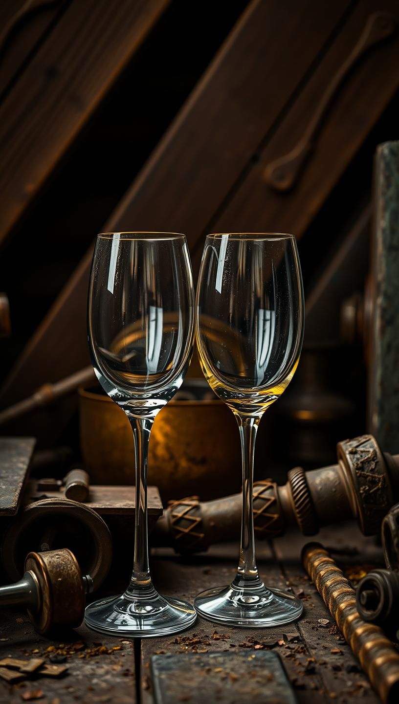 Elegant Wine Glasses in Dusty Attic: Industrial Chic Beauty, 8K Resolution | Unfold Lens