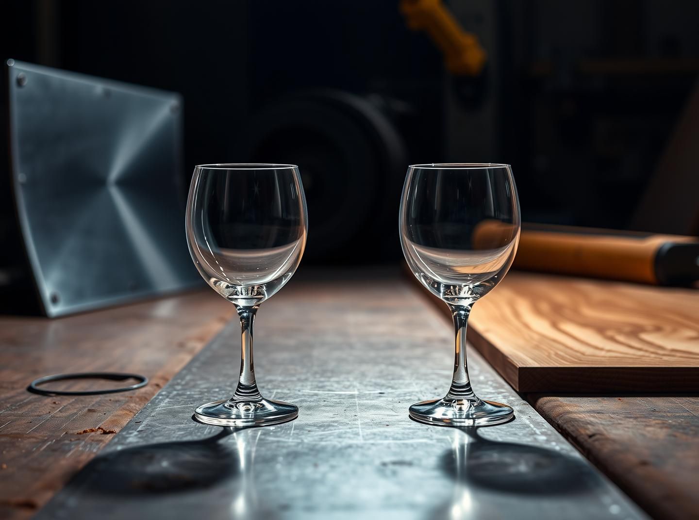 Elegant Wine Glasses Still Life in Metal Forge: Modern Contrast, Sharp Detail
 | Unfold Lens