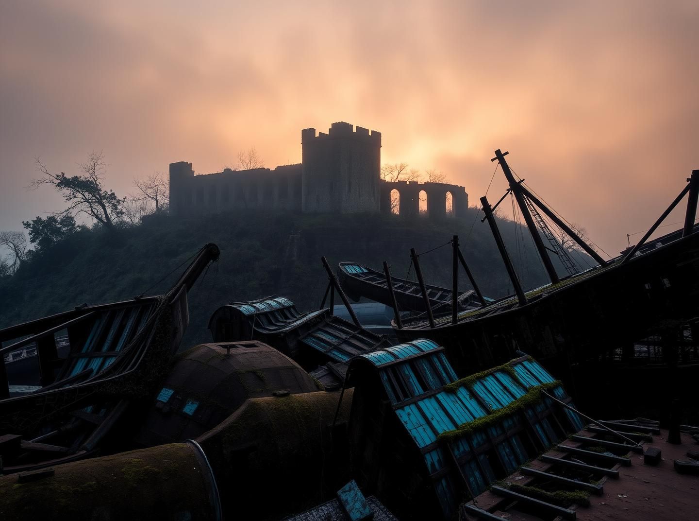 Elegantly Moody Sunrise at Shipyard Ruins: Melancholic Fine-Art 8k HDR Decay
 | Unfold Lens
