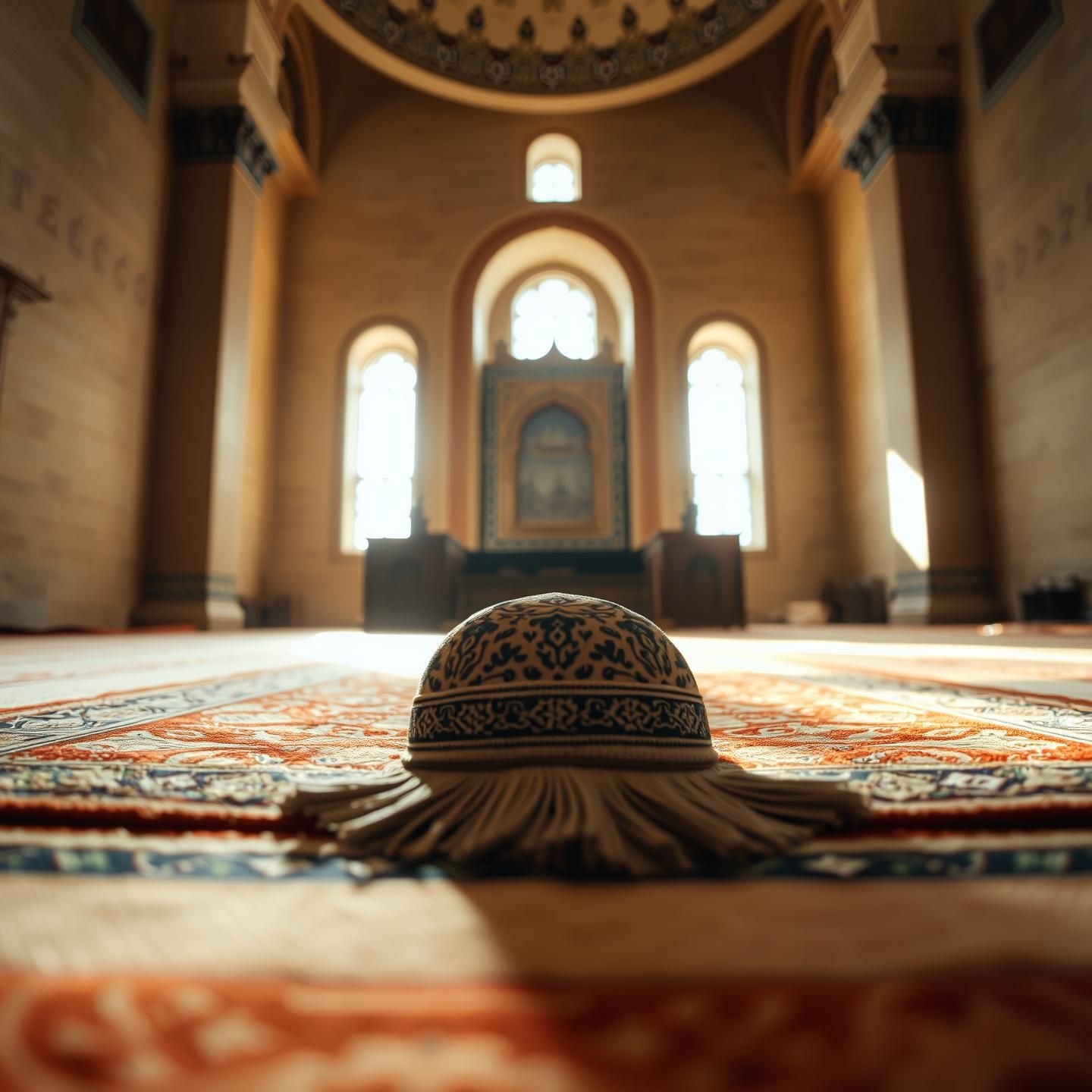 Embroidered Prayer Cap on Rug in Mosque: Authentic, Peaceful Scene | Unfold Lens