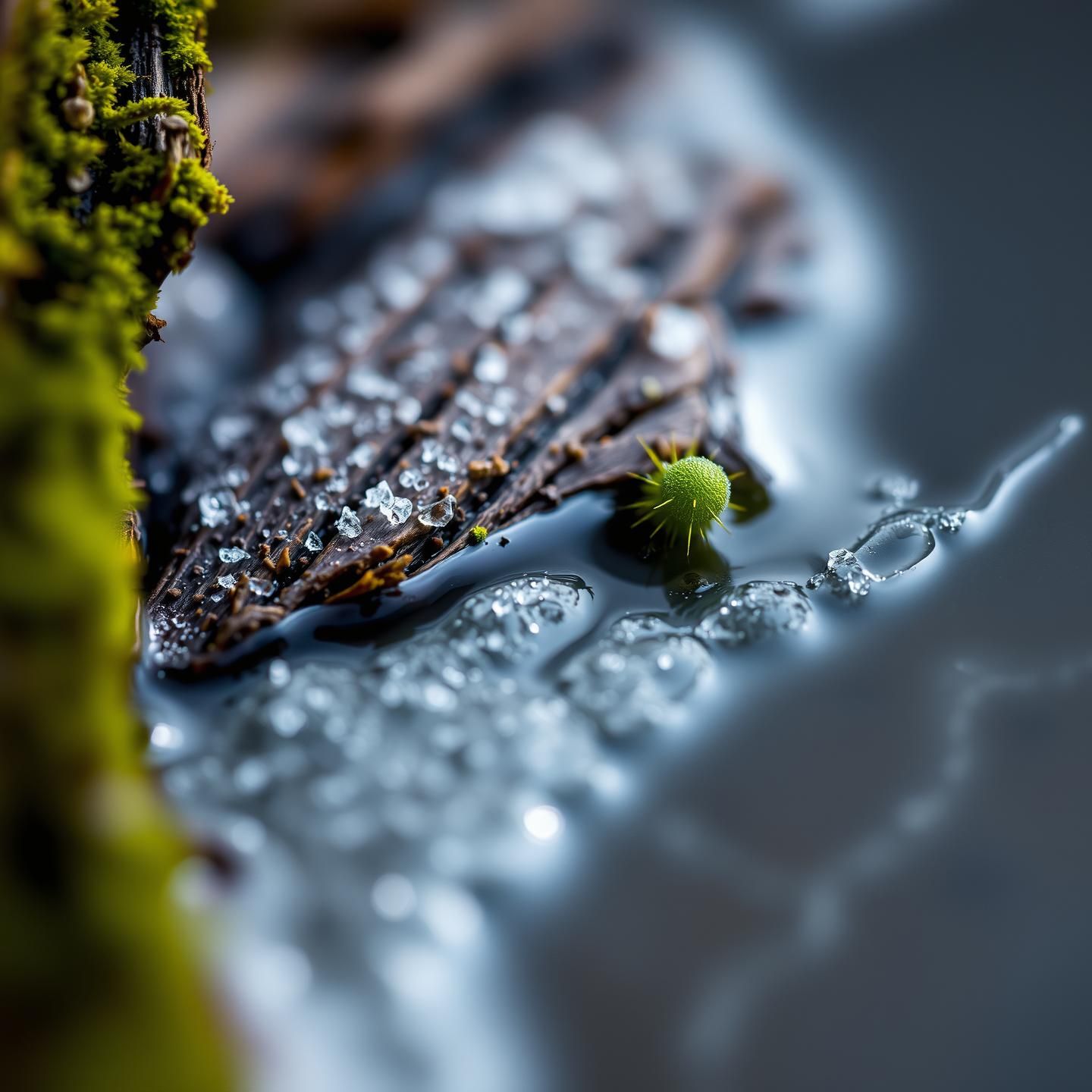 Emerald Moss Jewel: Frozen Bark Macro Photography in 8K Resolution
 | Unfold Lens