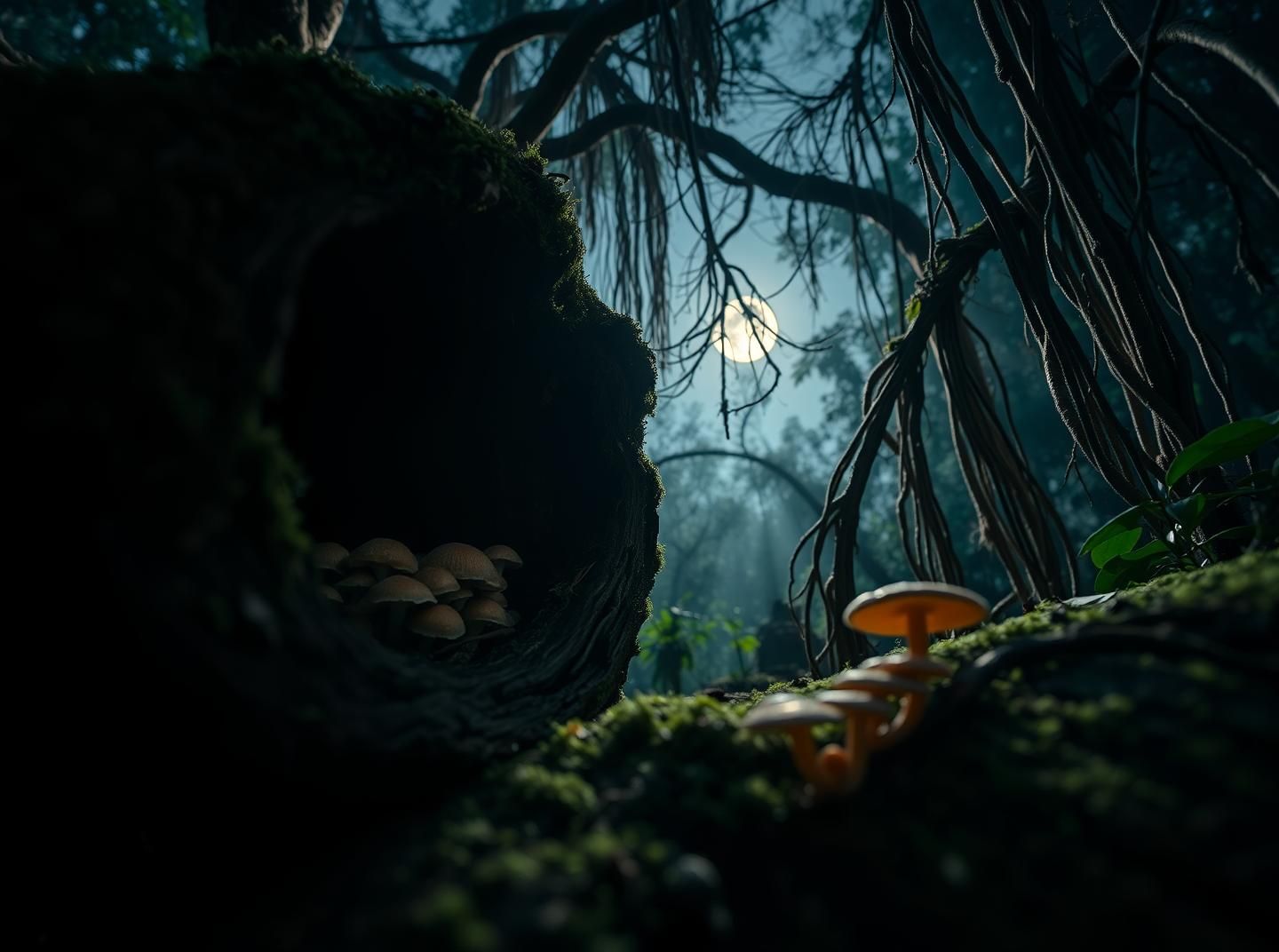 Enchanted Jungle Log: Intricate Moss & Fungi Details in Ethereal Moonlight
 | Unfold Lens