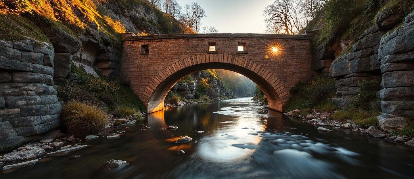 English Stone Bridge Golden Hour Reflection: Serene Countryside River Flow 8K | Unfold Lens