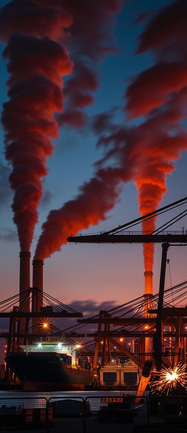 Epic Power Station Twilight: Fiery Sky, Container Ship & Industrial Might 8K | Unfold Lens