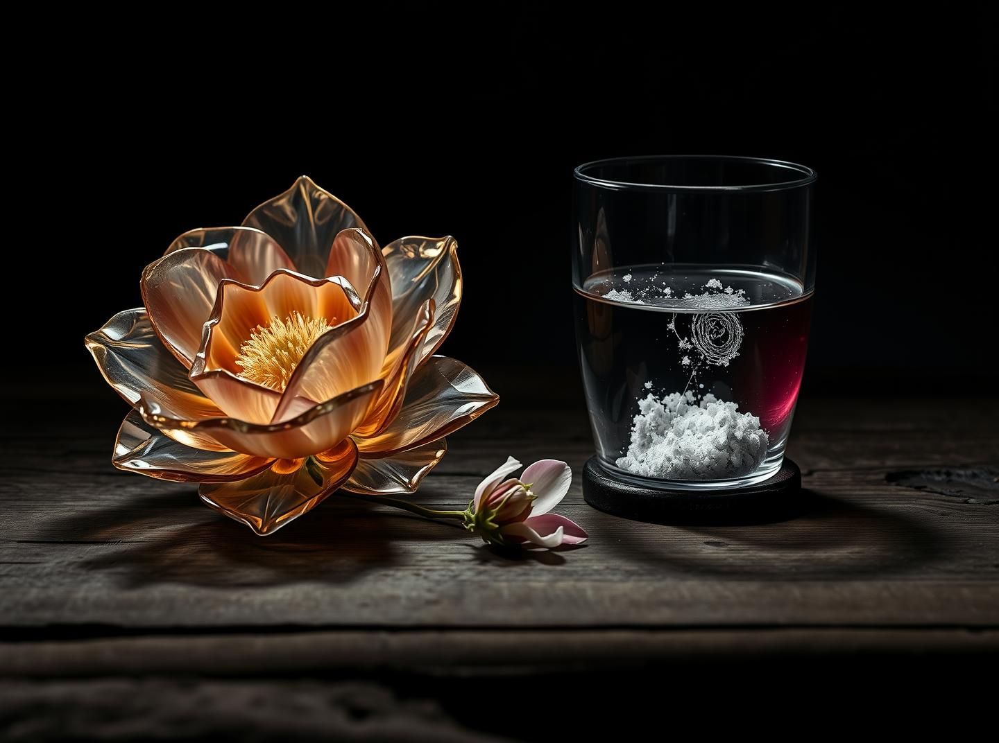 Eternal Glass Flower Beside Fragile Bloom: Rustic Beauty & Transient Life
 | Unfold Lens