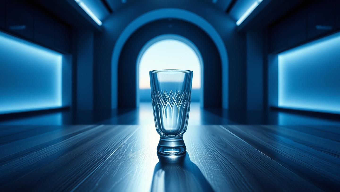 Ethereal Blue Twilight: Futuristic Interior with Crystal Glass & Dramatic Shadows
 | Unfold Lens