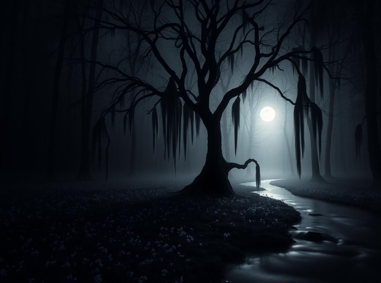 Ethereal Cypress Swamp: Moody Moonlight, Silky Stream, Inspiring Photo
 | Unfold Lens